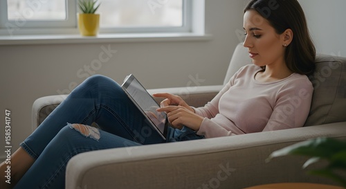 Young Woman Relaxing on a Sofa Using a Tablet in a Bright Indoor Setting with Natural Light