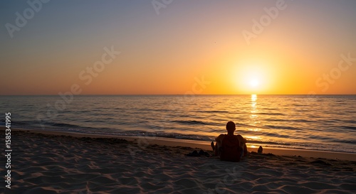 Person Sitting Alone on the Beach Watching a Vibrant Sunset Over Calm Ocean Waves