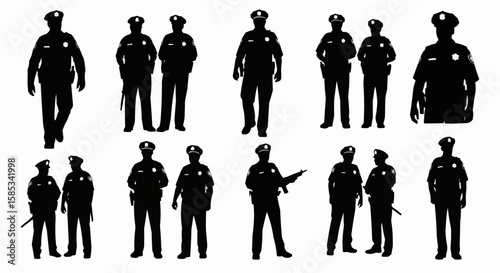 Police Officer on Patrol Silhouette Set – Law Enforcement Walking Poses in Vector Style on White Background

