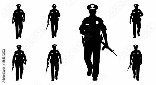 Police Officer on Patrol Silhouette Set – Law Enforcement Walking Poses in Vector Style on White Background

