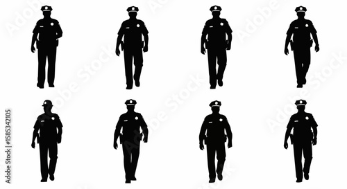 Police Officer on Patrol Silhouette Set – Law Enforcement Walking Poses in Vector Style on White Background

