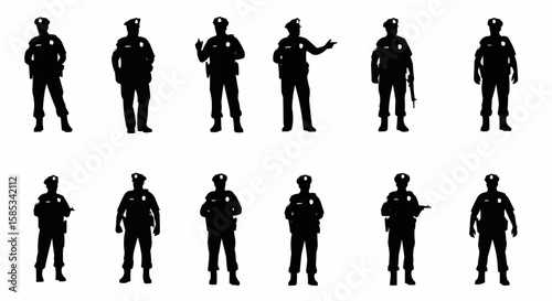 Police Officer on Patrol Silhouette Set – Law Enforcement Walking Poses in Vector Style on White Background

