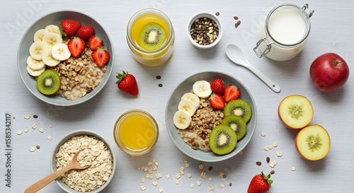 Colorful Breakfast Spread Featuring Bowls of Oatmeal with Fresh Fruits and Juice on a Wooden Table