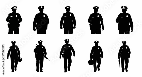 Police Officer on Patrol Silhouette Set – Law Enforcement Walking Poses in Vector Style on White Background

