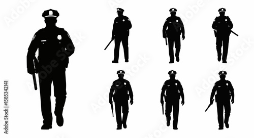 Police Officer on Patrol Silhouette Set – Law Enforcement Walking Poses in Vector Style on White Background

