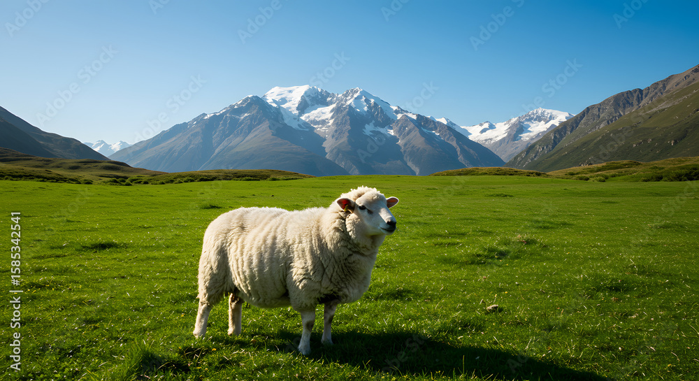 Obraz premium A solitary sheep stands in a lush green field, mountains in the background.