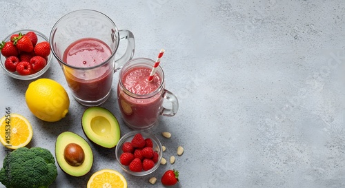 Refreshing Fruit and Vegetable Smoothies in Clear Glass Pitchers with Colorful Ingredients on a Grey Surface