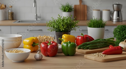 Colorful Fresh Vegetables Including Bell Peppers Asparagus and Garlic on Kitchen Table