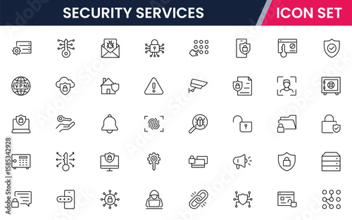 Security vector web line icon collection, sleek illustrations of locks, shields, cameras, cybersecurity for safe, protected digital designs.