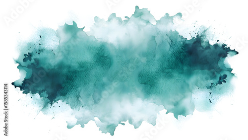 Abstract teal and dark blue watercolor splash with textured edges and subtle paint splatters isolated on transparent background
