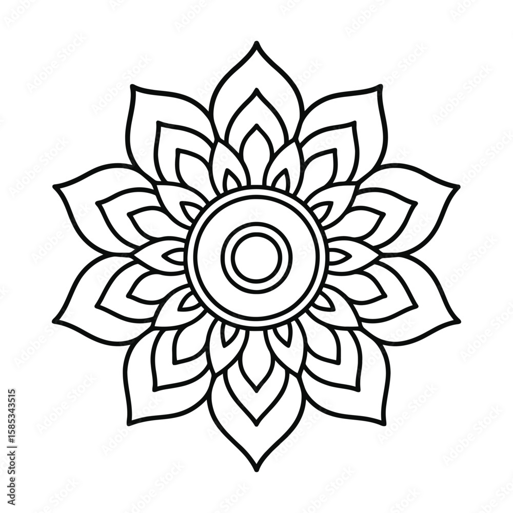 Bold Mandala Flower with Circle Center Black and White Line Art Vector Bold Mandala Flower with Circle Center Black and White Line Art Vector