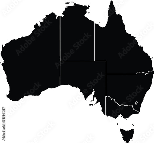 Vector black and white outline maps of  Australia, isolated for world geography illustrations