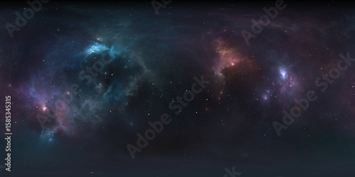 Fototapeta Naklejka Na Ścianę i Meble -  360 degree space nebula. Giant interstellar cloud with stars, equirectangular projection, environment map. Spherical panorama. 3D rendering, Fractal image