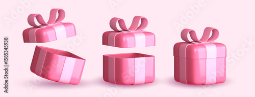 Set of 3D open and close pink gift boxes with ribbon in pink over pink background. 3D rendering of a modern holiday surprise box.