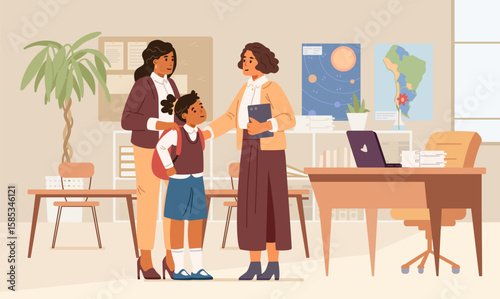 Asian mother with daughter meeting with school teacher in classroom flat vector illustration.