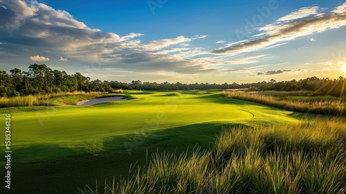 Fototapeta Naklejka Na Ścianę i Meble -  A serene golf course with a lush green fairway and a clear blue sky with scattered clouds, featuring a lone golf ball on the fairway and a distant green in the background.