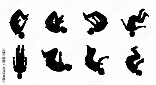 Man Doing Backflip Silhouette Set – Dynamic Jump and Flip Poses in Vector Style on White Background