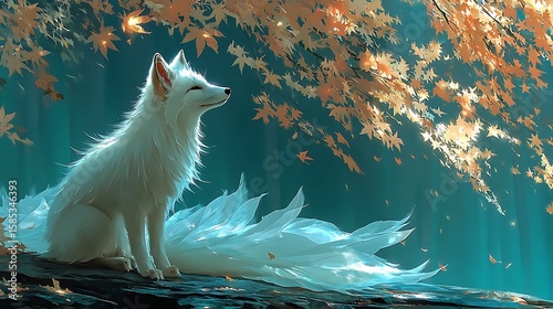 Wallpaper Mural Enchanting Nine-Tailed Fox in Autumn Woods: A mythical white fox with nine ethereal tails sits gracefully atop a moss-covered log, gazing serenely at the vibrant autumn foliage above. Bathed in soft. Torontodigital.ca