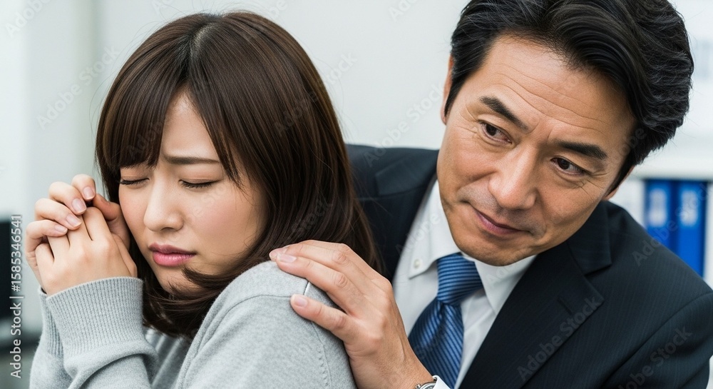 Fototapeta premium セクハラをする上司と、嫌がる日本人女性社員