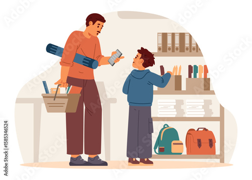 Father and son buying stationary for school flat vector illustration.