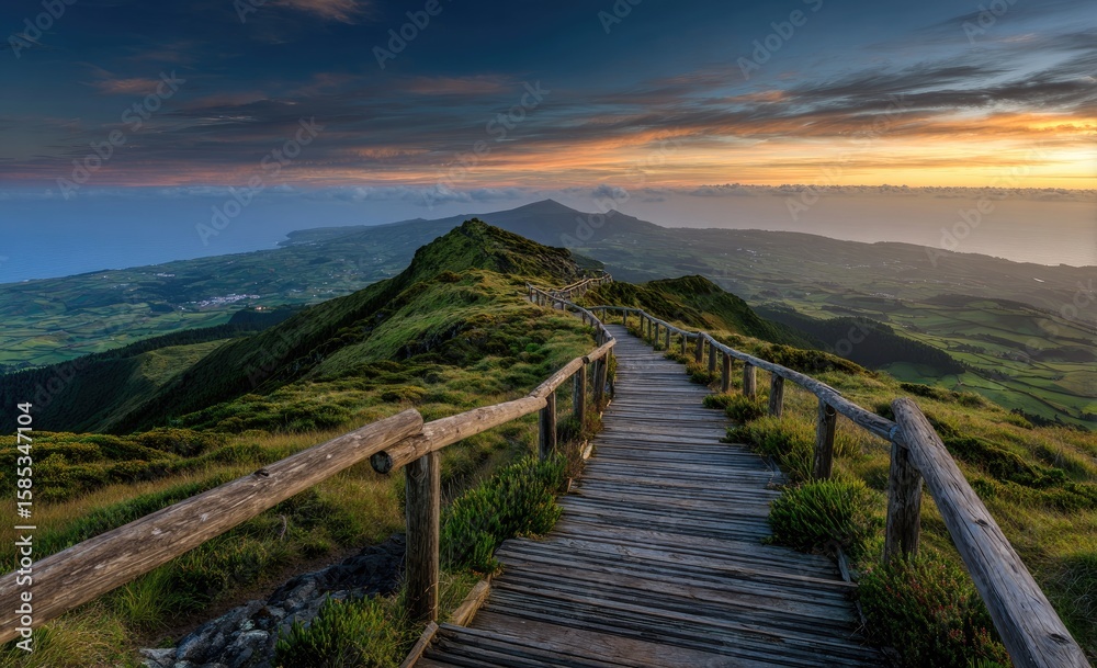 Fototapeta premium Winding wooden boardwalk ascends a verdant volcanic peak at sunset, overlooking a vast ocean vista