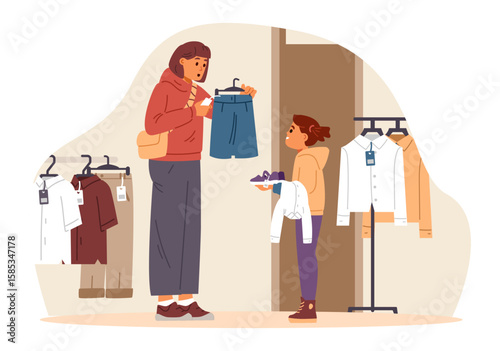 Mother and daughter buying school uniform together in the store flat vector illustration. Woman in shock because of school clothes prices.