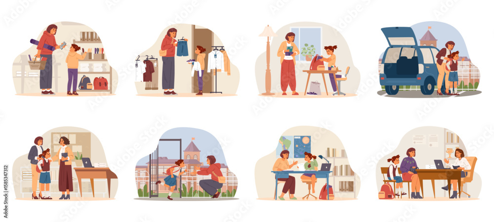 Fototapeta premium Mother and daughter school life flat vector scenes set. Mother involved in his primary school girl daily life Buying stationary, school uniform, talking to teacher, making homework, meets and drives t