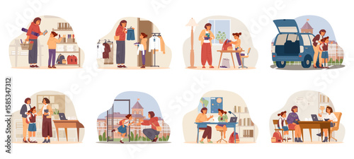 Mother and daughter school life flat vector scenes set. Mother involved in his primary school girl daily life Buying stationary, school uniform, talking to teacher, making homework, meets and drives t