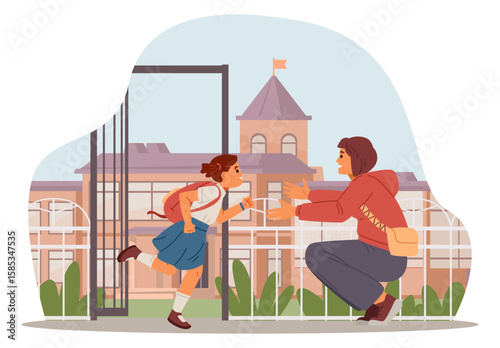 Mother meets her primary school daughter in uniform with backpack after school flat vector illustration.