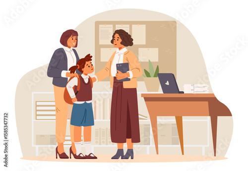 Woman teacher meets her primary school student girl and her mother in the classroom flat vector illustration.