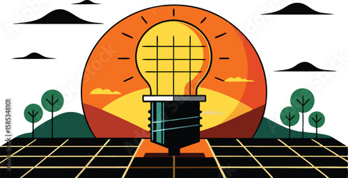 A collection of illustrations showcasing solar energy panels, often with prominent sun motifs and varying perspectives, emphasizing renewable energy and sustainable technology