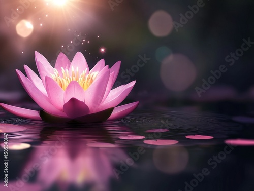 A beautiful purple lotus is suspended effortlessly on the tranquil water's surface