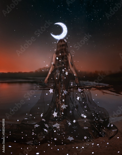 Fantasy woman queen of night lady moon, crown glows on head, black dress cape shining stars fairy girl goddess creative costume beauty face. Summer dark nature water lake river sky sunset art portrait