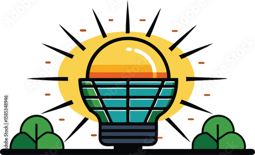 A collection of illustrations showcasing solar energy panels, often with prominent sun motifs and varying perspectives, emphasizing renewable energy and sustainable technology
