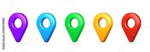 3D vector set of colorful location pin icons. Creative GPS pointer markers in cartoon style for map navigation, locate symbols, and place indicators.