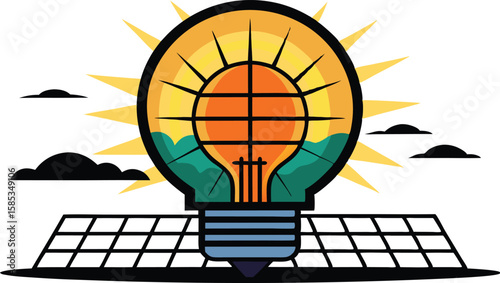 A collection of illustrations showcasing solar energy panels, often with prominent sun motifs and varying perspectives, emphasizing renewable energy and sustainable technology