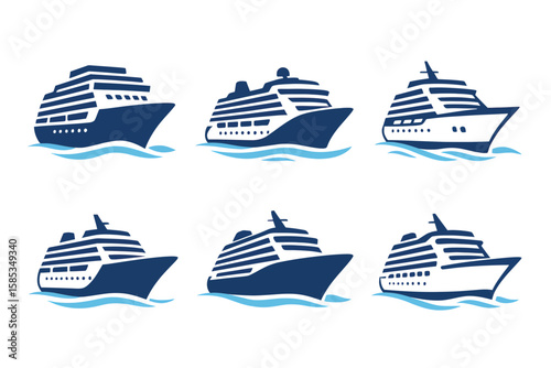 Six cruise ship icons in blue and white, depicting various vessel designs sailing on stylized waves.