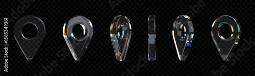 3D transparent glass location pin icons with holographic refraction. GPS and navigation sign vector in modern morphism style. Isolated on dark background.