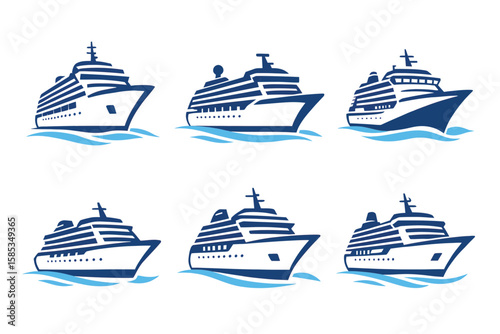 Six stylized cruise ships are shown in a vector graphic, each sailing on blue waves, with varying designs and perspectives.
