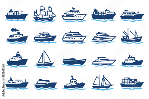 A collection of twenty stylized blue and white boat and ship icons, including sailboats, yachts, cargo ships, and fishing boats, on white background.