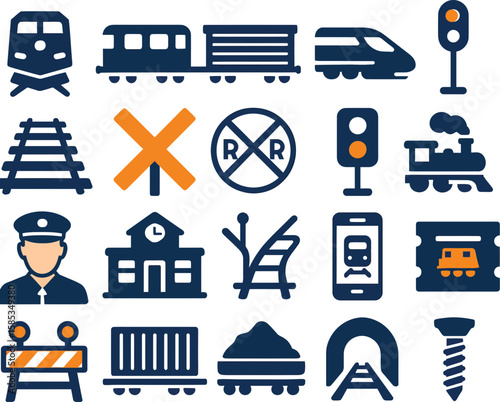 A collection of train and railway related icons in blue and orange, including trains, tracks, signals, a station, and a conductor.