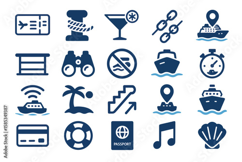 A collection of dark blue icons representing travel, cruise, and vacation themes, including a ticket, rope, cocktail, boat, passport, and island.
