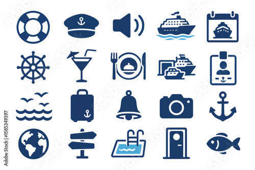 Collection of nautical and travel-themed icons in blue, including a cruise ship, life preserver, luggage, and other vacation-related symbols.