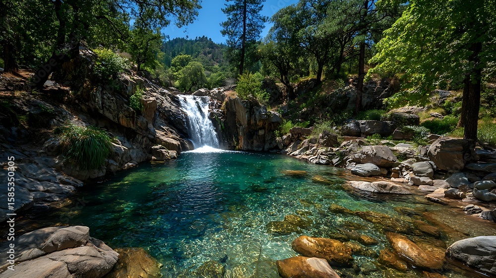 Fototapeta premium Serene Waterfall into Clear Pool in Lush Scenic Landscape 