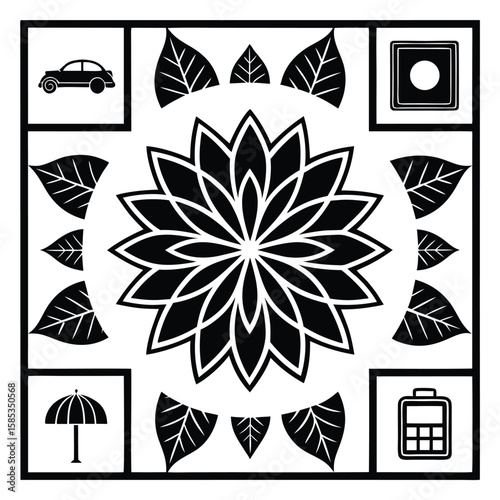 Black ink motifs of a lotus flower leaves car umbrella and battery white