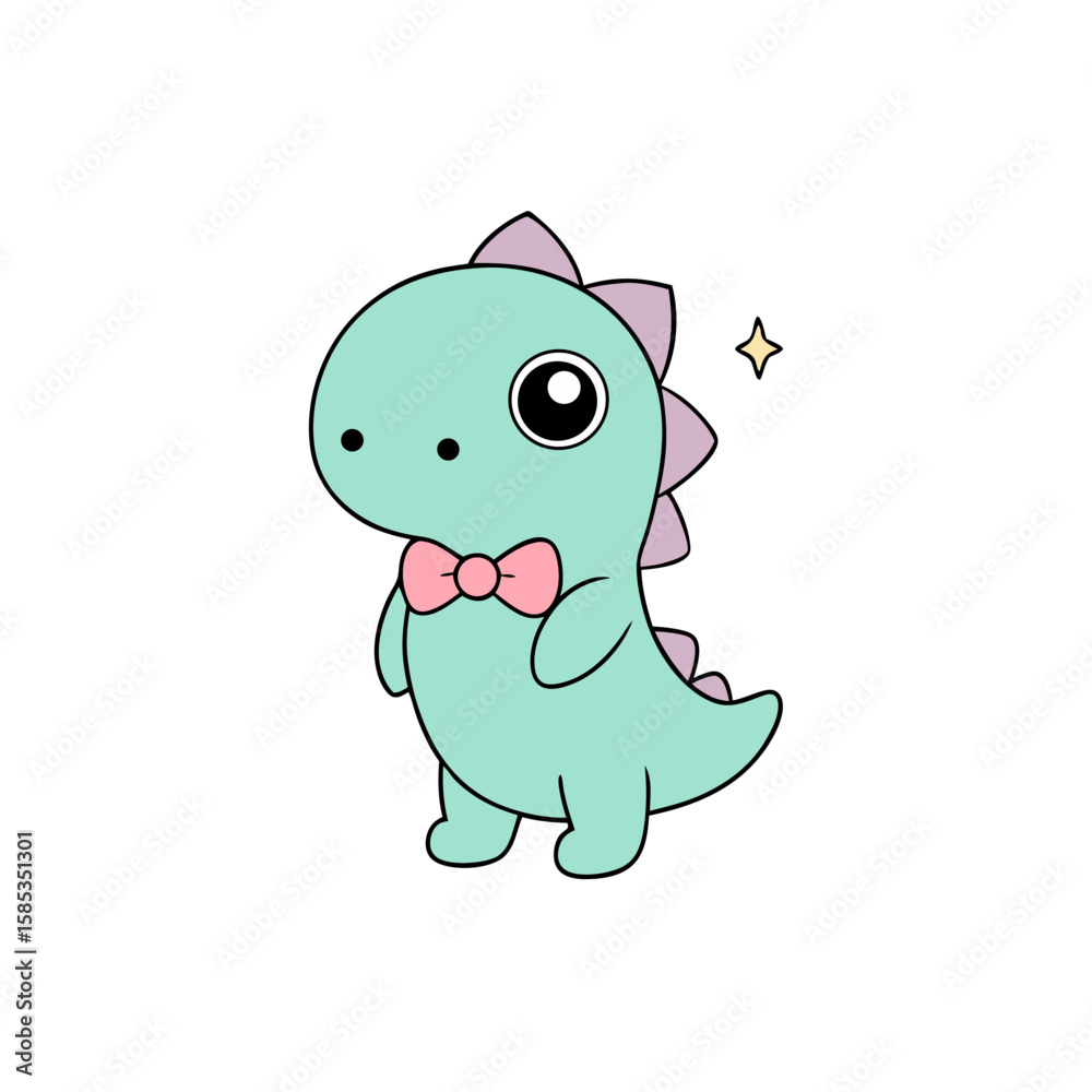 Fototapeta premium Cute Kawaii Dinosaur with Sparkly Eyes and Bowtie