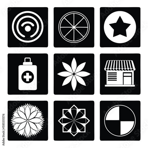 Nine black squares with white graphic icons including a star and a store symbol