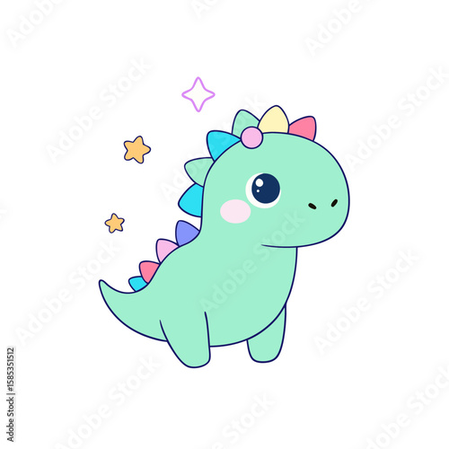 Cute Kawaii Dinosaur with Blushing Cheeks and Flower