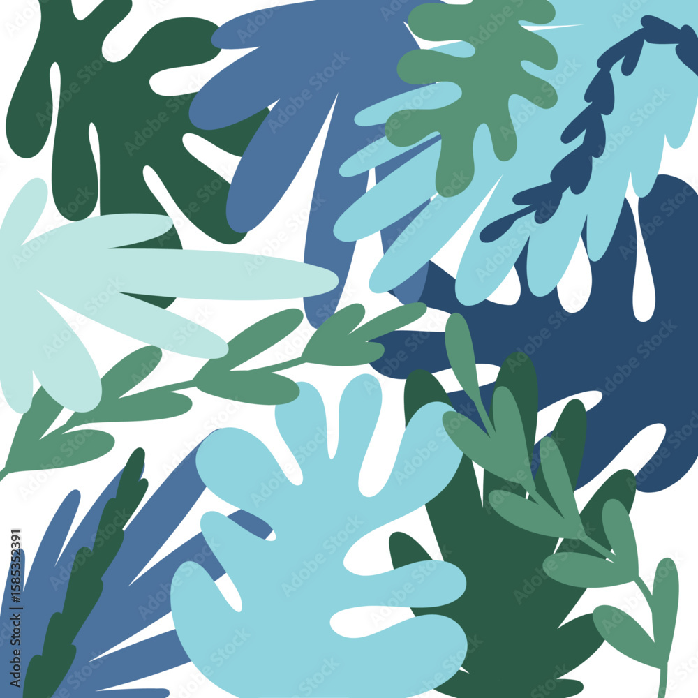 Collection of Abstract Tropical Leaves. Hand Drawn Foliage Plants in Blue and Green Hues. Vector Background