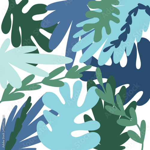 Collection of Abstract Tropical Leaves. Hand Drawn Foliage Plants in Blue and Green Hues. Vector Background